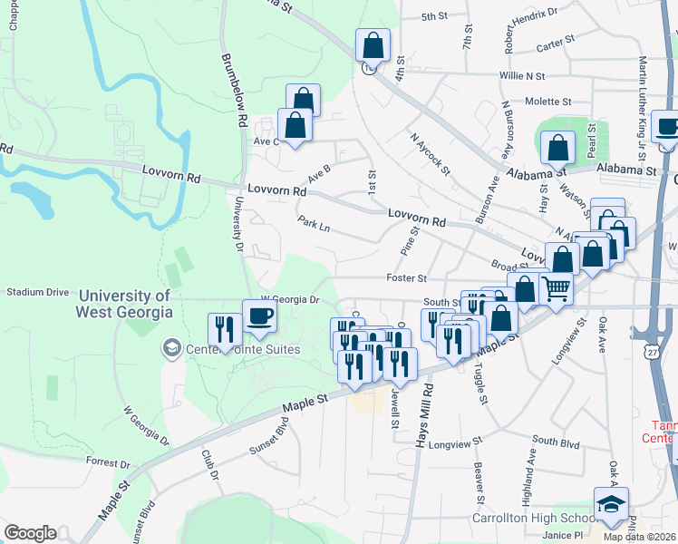 map of restaurants, bars, coffee shops, grocery stores, and more near 328 Foster Street in Carrollton