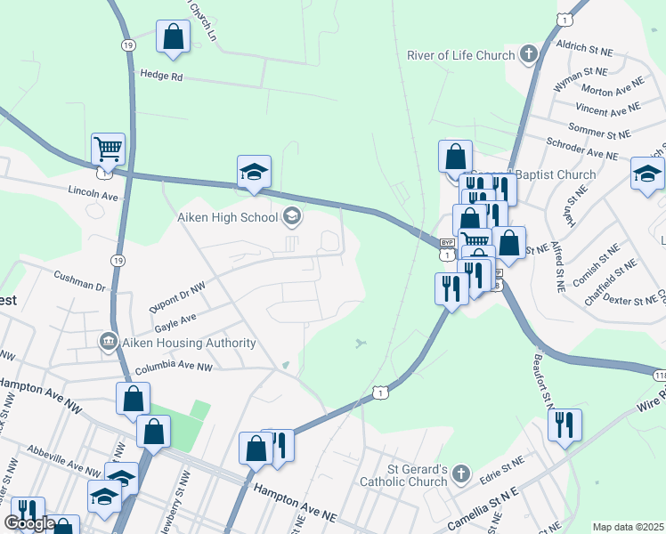 map of restaurants, bars, coffee shops, grocery stores, and more near 123 Dupont Drive Northwest in Aiken