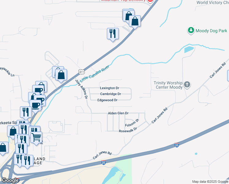 map of restaurants, bars, coffee shops, grocery stores, and more near 4040 Cambridge Drive in Moody