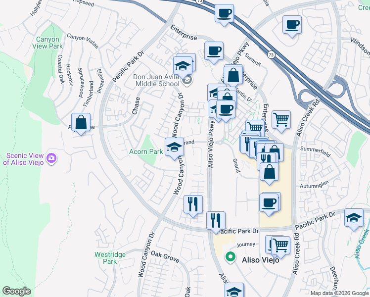 map of restaurants, bars, coffee shops, grocery stores, and more near 6 Plateau in Aliso Viejo