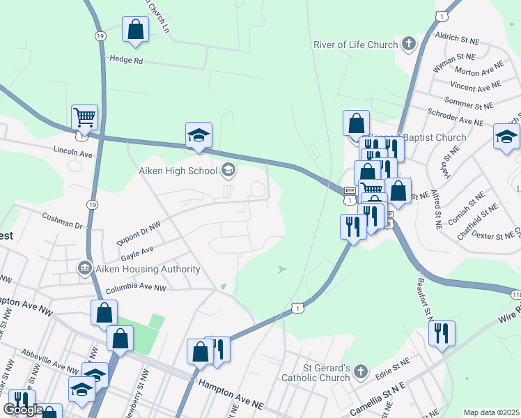 map of restaurants, bars, coffee shops, grocery stores, and more near 123 Dupont Drive Northwest in Aiken