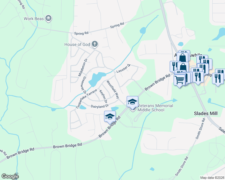 map of restaurants, bars, coffee shops, grocery stores, and more near 25 Greenway Drive in Covington