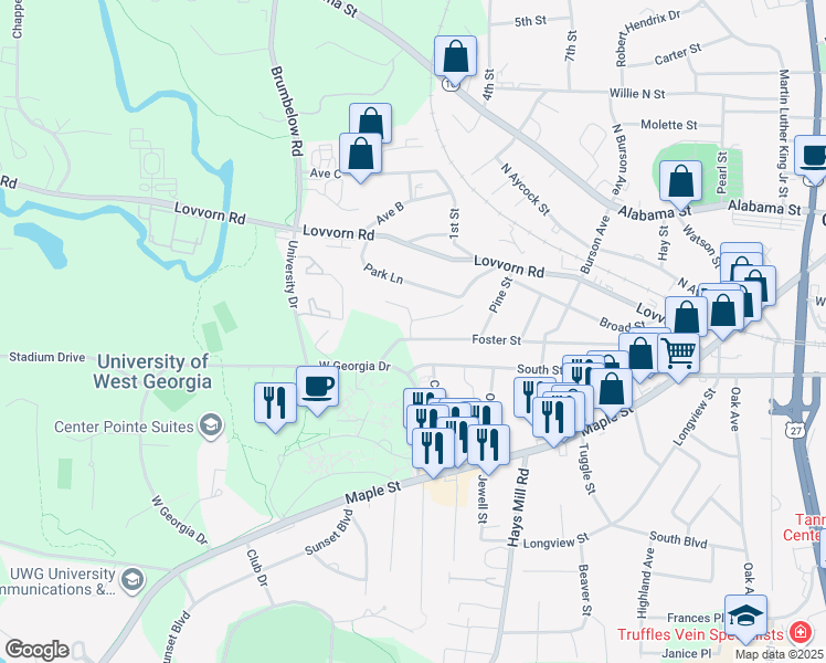 map of restaurants, bars, coffee shops, grocery stores, and more near 328 Foster Street in Carrollton
