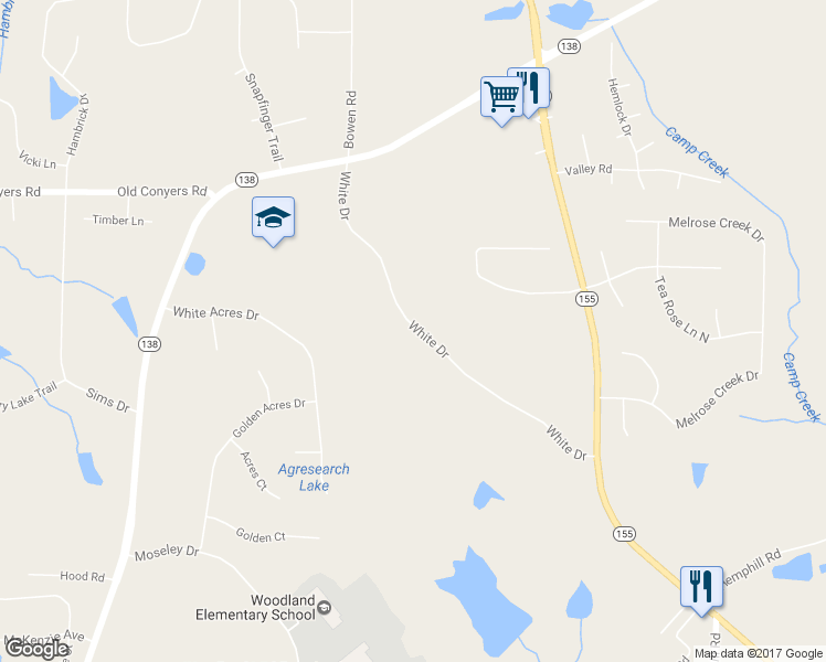 map of restaurants, bars, coffee shops, grocery stores, and more near 285 White Drive in Stockbridge