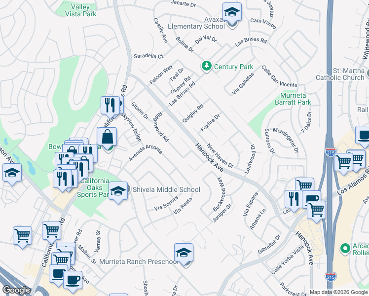 map of restaurants, bars, coffee shops, grocery stores, and more near 24515 Westhaven Court in Murrieta