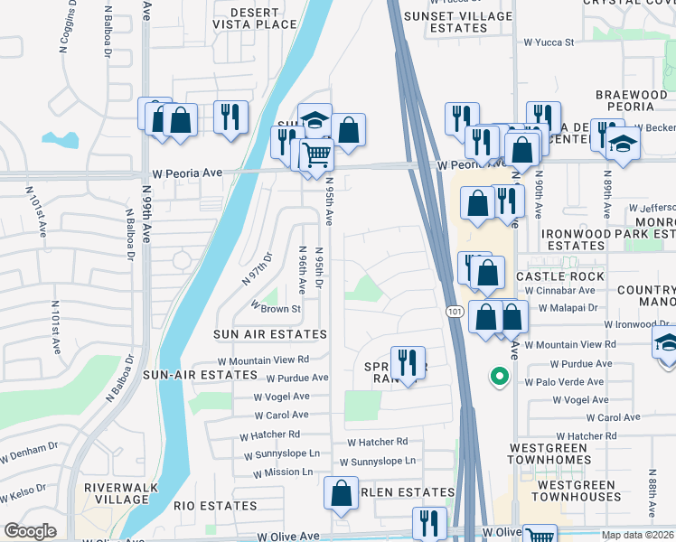 map of restaurants, bars, coffee shops, grocery stores, and more near 10030 North 94th Lane in Peoria