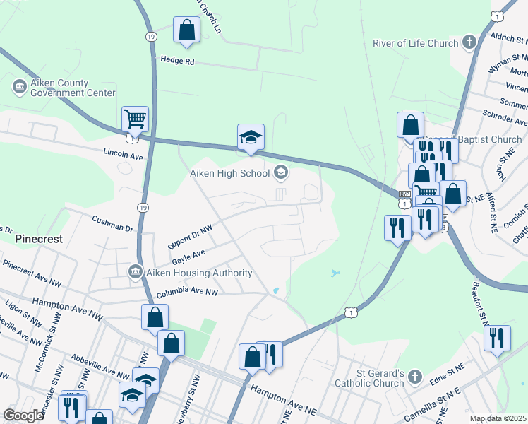 map of restaurants, bars, coffee shops, grocery stores, and more near 149 Dupont Drive Northwest in Aiken
