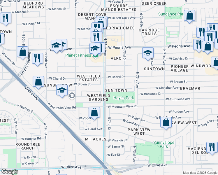 map of restaurants, bars, coffee shops, grocery stores, and more near 7460 West Cinnabar Avenue in Peoria