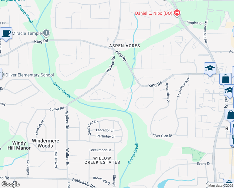 map of restaurants, bars, coffee shops, grocery stores, and more near 6588 Creekview Court in Riverdale