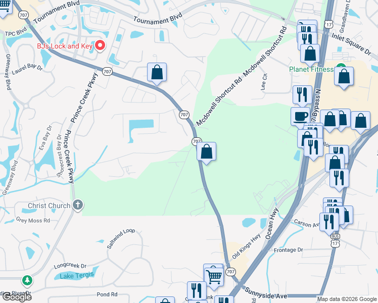 map of restaurants, bars, coffee shops, grocery stores, and more near 3059 Betts Road in Murrells Inlet
