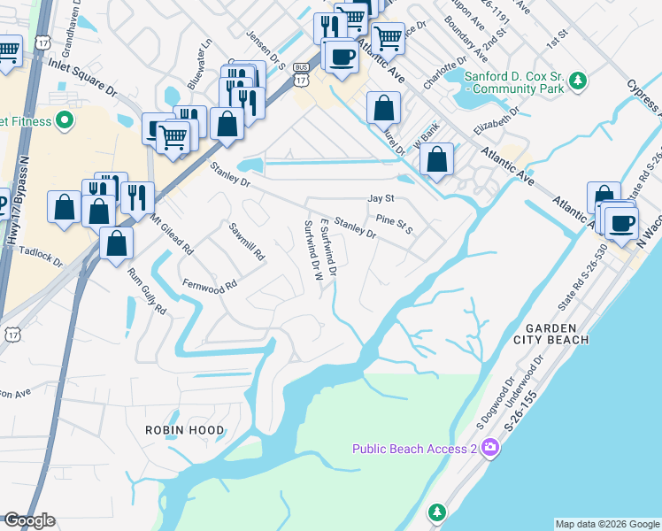 map of restaurants, bars, coffee shops, grocery stores, and more near 455 Surfwind Drive West in Murrells Inlet