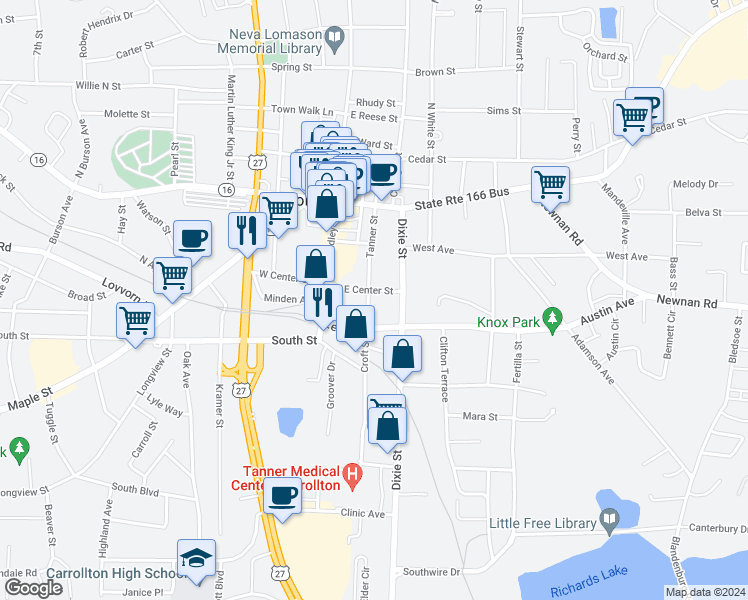 map of restaurants, bars, coffee shops, grocery stores, and more near 506 Tanner Street in Carrollton