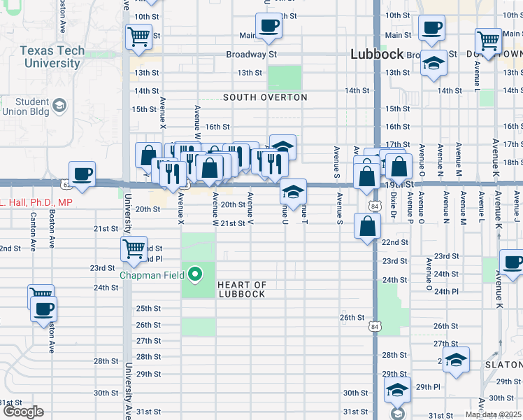 map of restaurants, bars, coffee shops, grocery stores, and more near 2114 21st Street in Lubbock