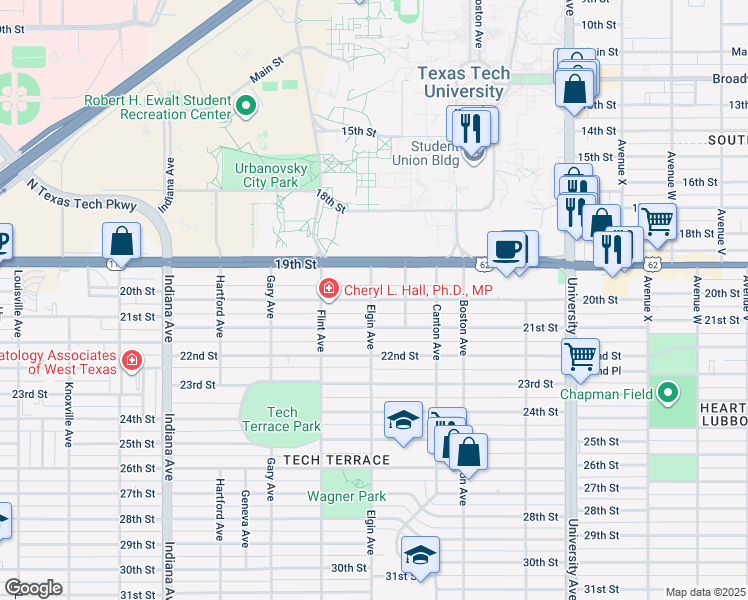 map of restaurants, bars, coffee shops, grocery stores, and more near 2915 20th Street in Lubbock