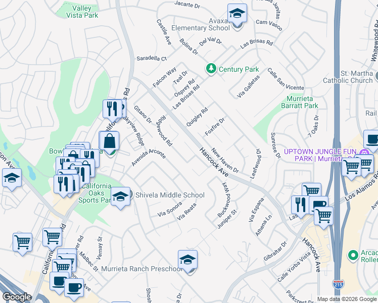 map of restaurants, bars, coffee shops, grocery stores, and more near 24515 Westhaven Court in Murrieta