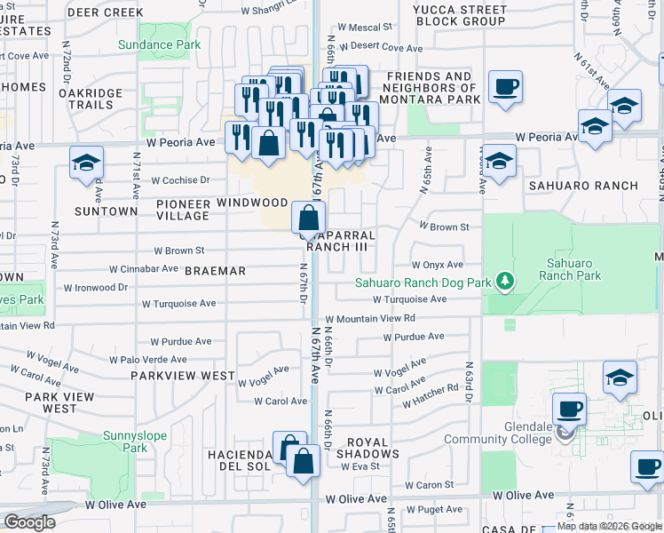 map of restaurants, bars, coffee shops, grocery stores, and more near 10009 North 66th Lane in Glendale