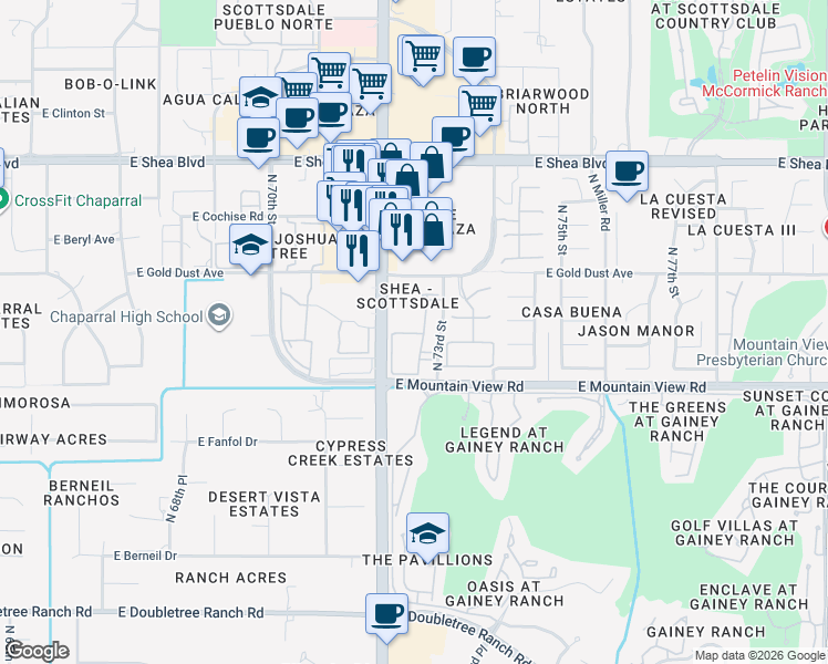 map of restaurants, bars, coffee shops, grocery stores, and more near 9850 North 73rd Street in Scottsdale