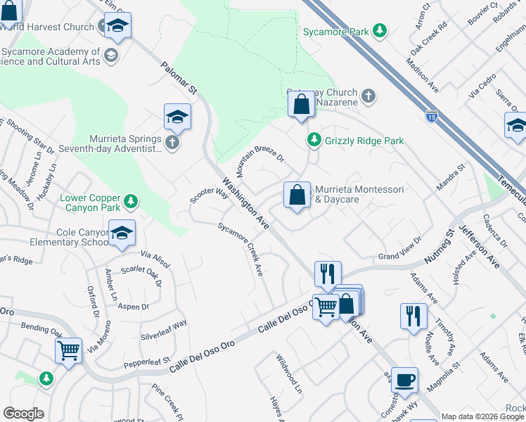 map of restaurants, bars, coffee shops, grocery stores, and more near 23427 Mountain Song Loop in Murrieta