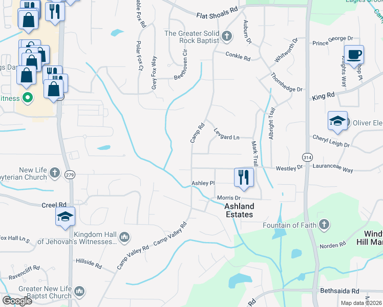 map of restaurants, bars, coffee shops, grocery stores, and more near 6575 Camp Valley Road in Riverdale