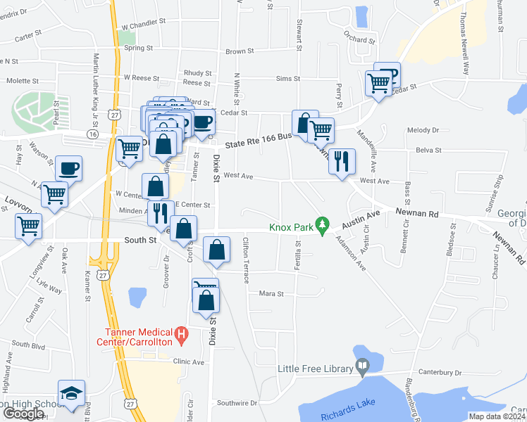 map of restaurants, bars, coffee shops, grocery stores, and more near 97 Tillman Drive in Carrollton