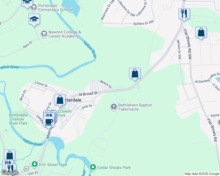 map of restaurants, bars, coffee shops, grocery stores, and more near 42 North Broad Street in Porterdale
