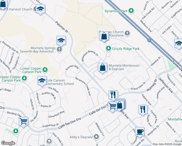 map of restaurants, bars, coffee shops, grocery stores, and more near 23427 Mountain Song Loop in Murrieta