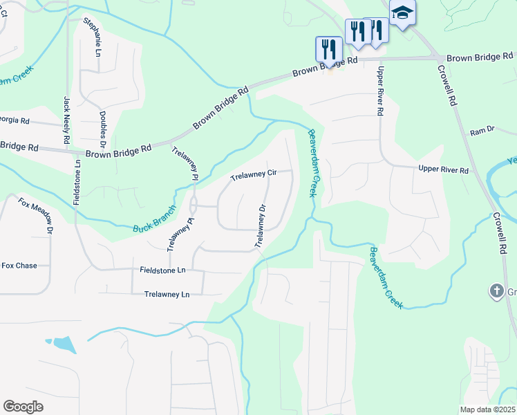 map of restaurants, bars, coffee shops, grocery stores, and more near 195 Trelawney Drive in Covington