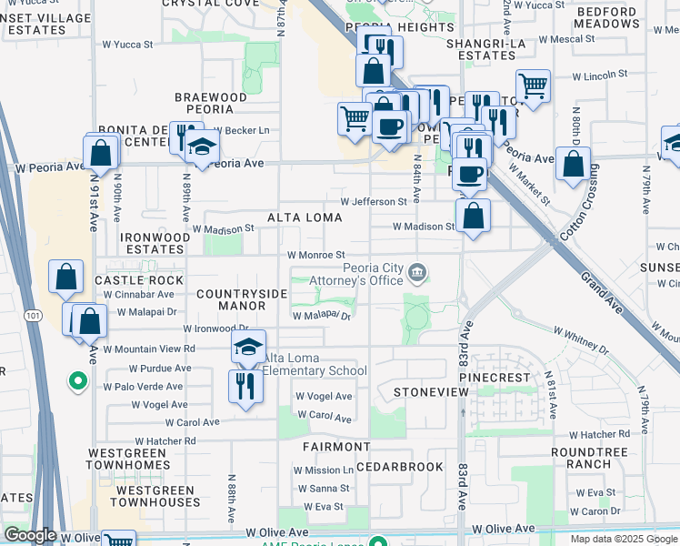 map of restaurants, bars, coffee shops, grocery stores, and more near 8563 West Cinnabar Avenue in Peoria