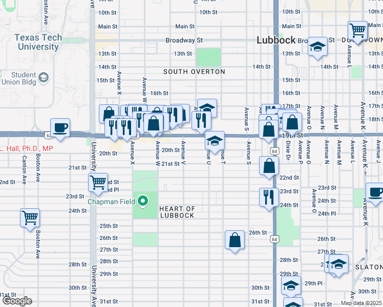 map of restaurants, bars, coffee shops, grocery stores, and more near 2114 21st Street in Lubbock