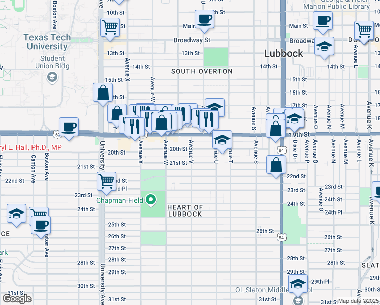 map of restaurants, bars, coffee shops, grocery stores, and more near 2014 Avenue V in Lubbock