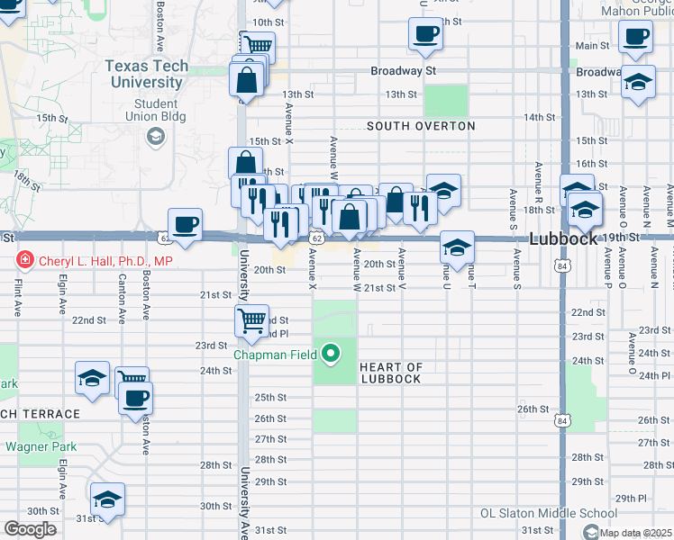 map of restaurants, bars, coffee shops, grocery stores, and more near 2316 21st Street in Lubbock