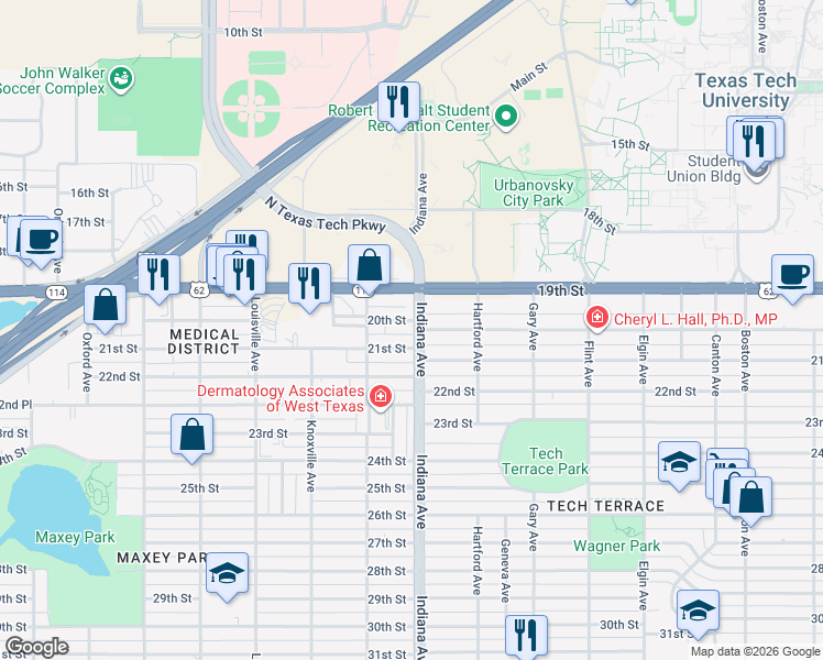 map of restaurants, bars, coffee shops, grocery stores, and more near 3324 21st Street in Lubbock