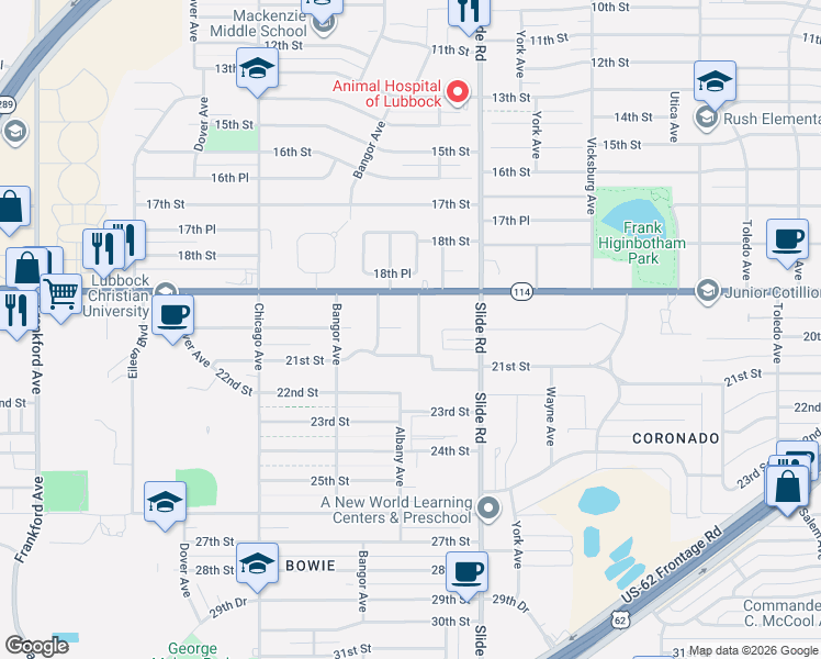 map of restaurants, bars, coffee shops, grocery stores, and more near 1916 Aberdeen Avenue in Lubbock
