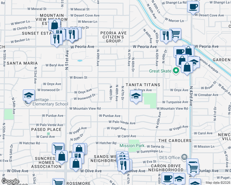 map of restaurants, bars, coffee shops, grocery stores, and more near 9835 North 48th Drive in Glendale