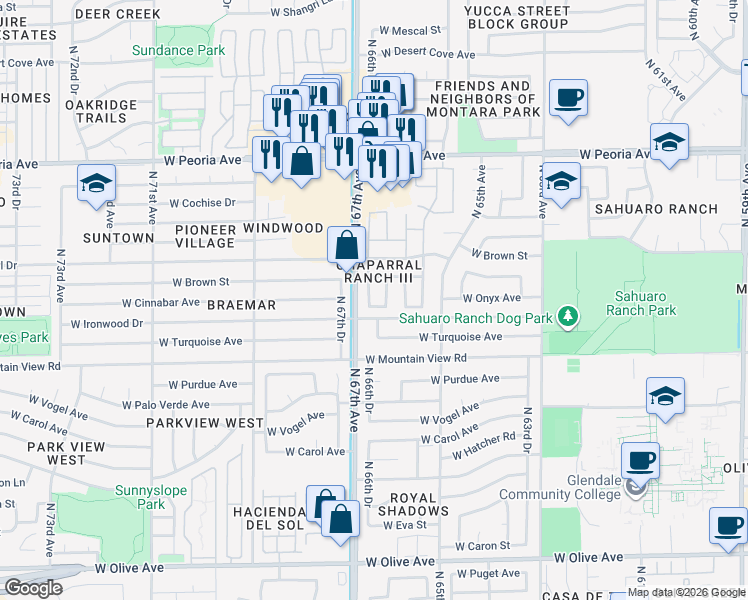 map of restaurants, bars, coffee shops, grocery stores, and more near 6614 West Ironwood Drive in Glendale