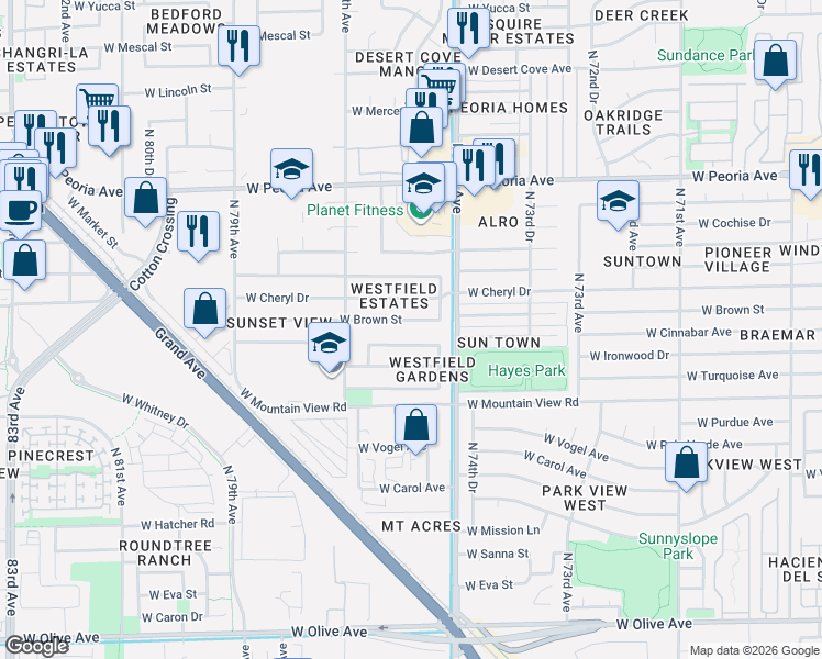 map of restaurants, bars, coffee shops, grocery stores, and more near 7603 West Cinnabar Avenue in Peoria