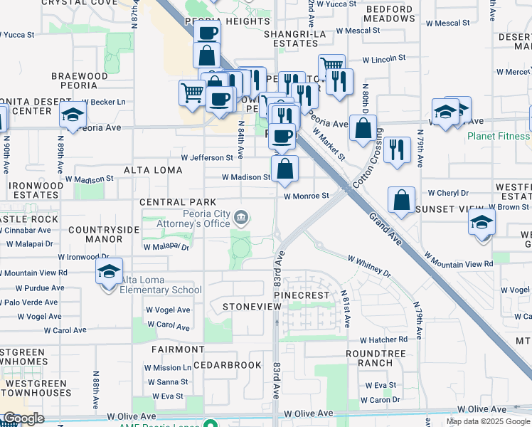 map of restaurants, bars, coffee shops, grocery stores, and more near 8351 West Cinnabar Avenue in Peoria