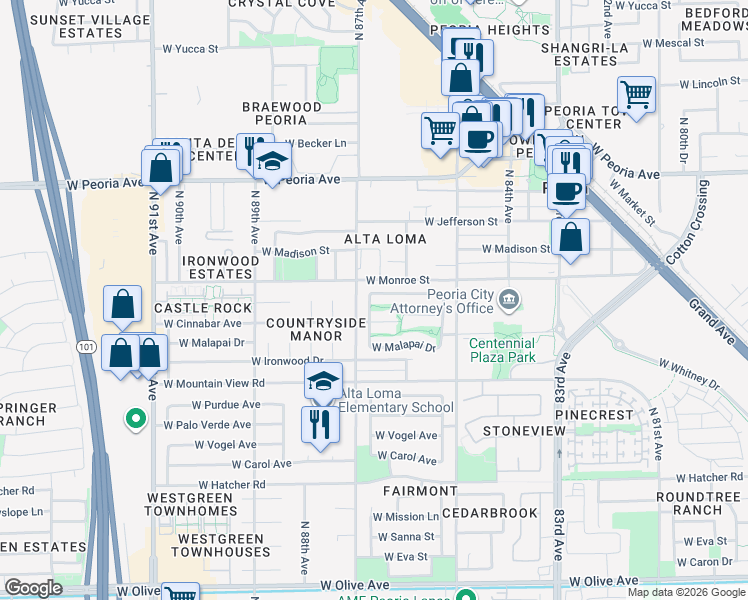 map of restaurants, bars, coffee shops, grocery stores, and more near 8628 West Cinnabar Avenue in Peoria