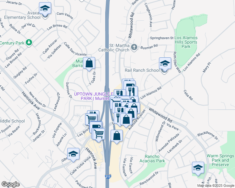 map of restaurants, bars, coffee shops, grocery stores, and more near 39571 Los Alamos Road in Murrieta