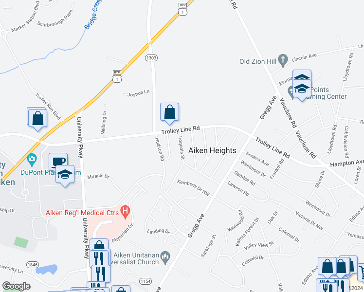 map of restaurants, bars, coffee shops, grocery stores, and more near 109 Kenmont Street in Aiken