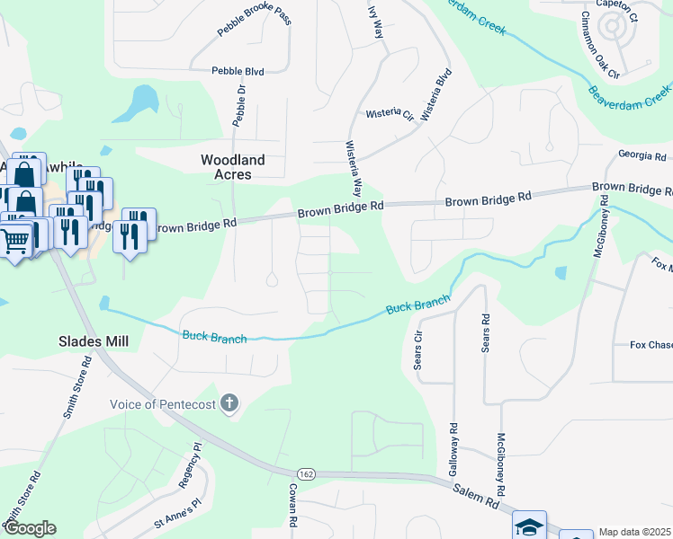 map of restaurants, bars, coffee shops, grocery stores, and more near 175 Amberjack Trail in Covington