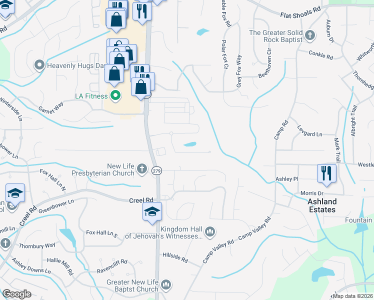 map of restaurants, bars, coffee shops, grocery stores, and more near 6515 Splitpine Court in Atlanta