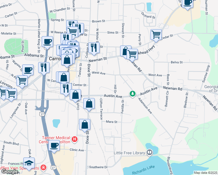 map of restaurants, bars, coffee shops, grocery stores, and more near 216 Austin Avenue in Carrollton