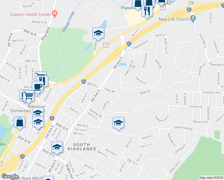 map of restaurants, bars, coffee shops, grocery stores, and more near 412 Valley Road in Birmingham