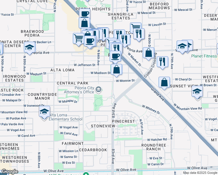 map of restaurants, bars, coffee shops, grocery stores, and more near 10100 North 83rd Avenue in Peoria