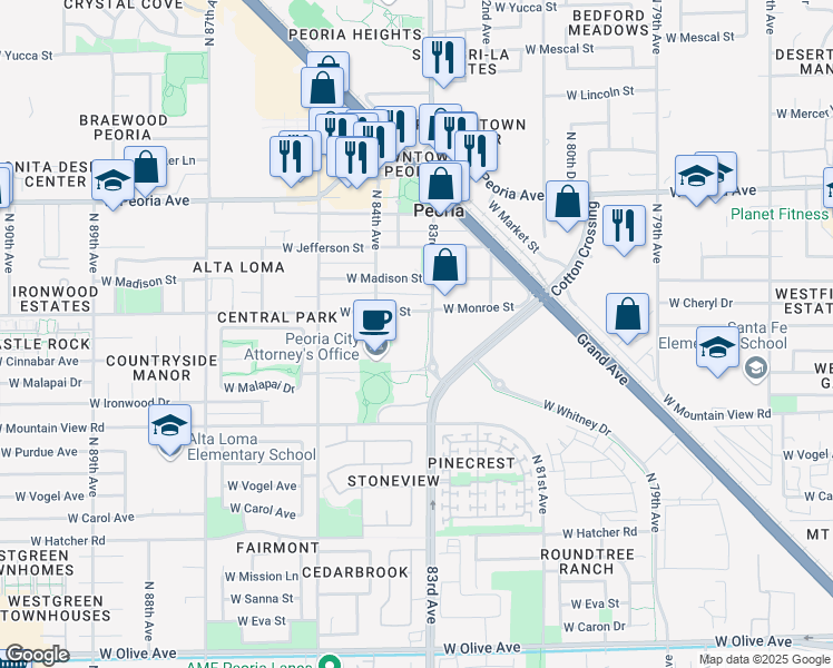 map of restaurants, bars, coffee shops, grocery stores, and more near 10100 North 83rd Avenue in Peoria