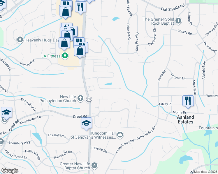 map of restaurants, bars, coffee shops, grocery stores, and more near 6563 Splitpine Court in Atlanta