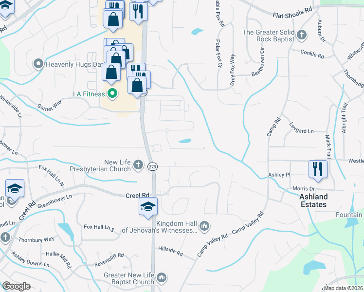 map of restaurants, bars, coffee shops, grocery stores, and more near 6515 Splitpine Court in Atlanta