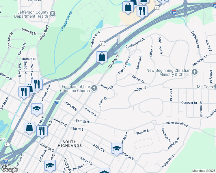 map of restaurants, bars, coffee shops, grocery stores, and more near 412 Valley Road in Birmingham