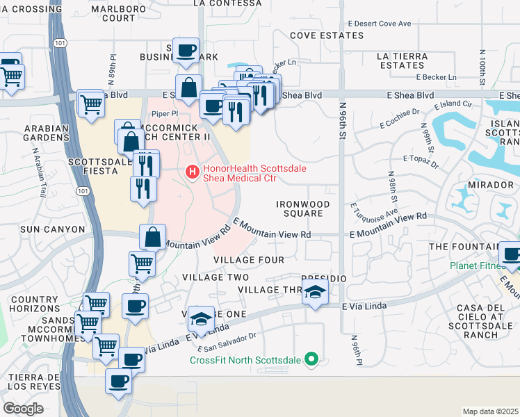 map of restaurants, bars, coffee shops, grocery stores, and more near 10001 North 92nd Street in Scottsdale